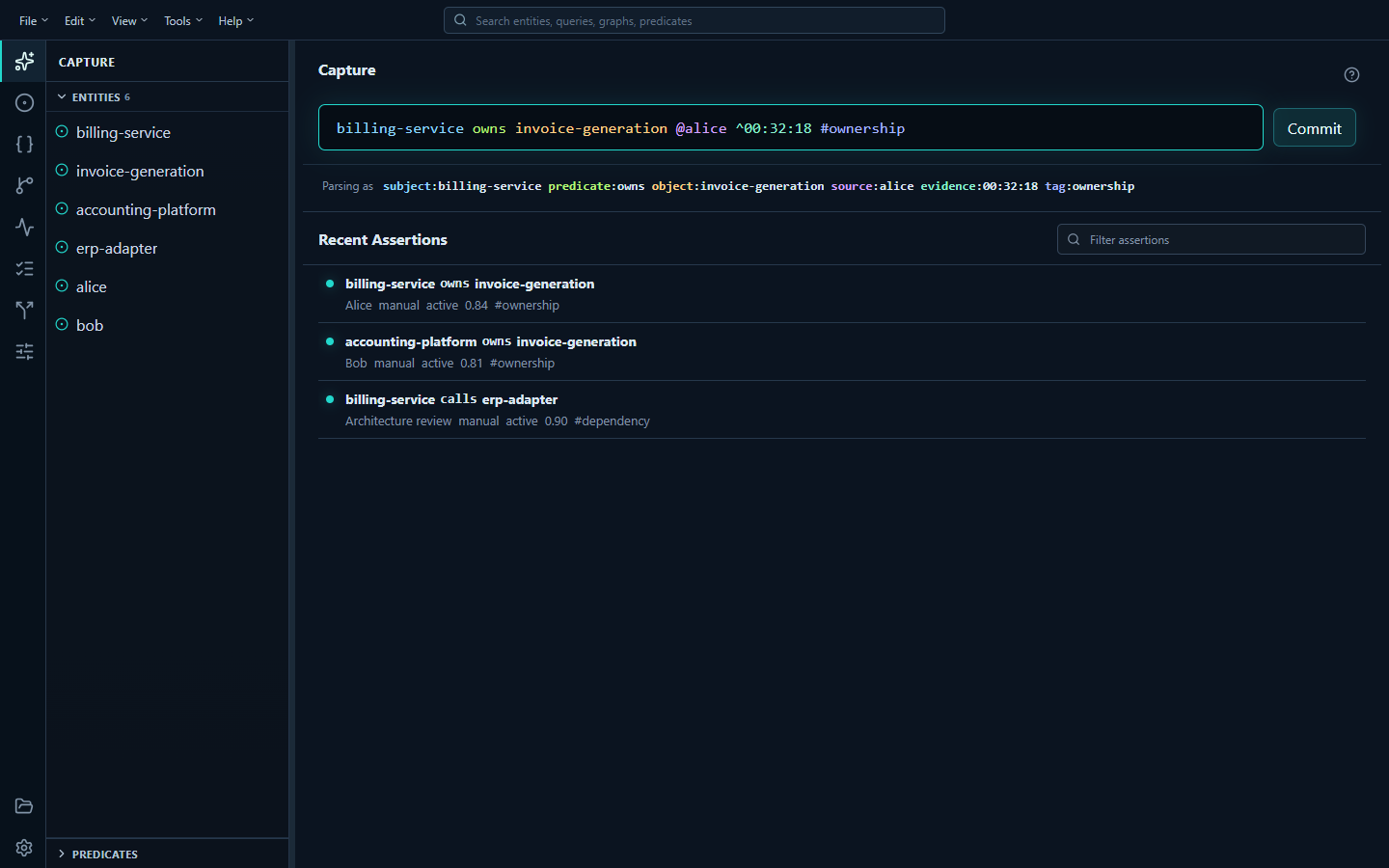 Claimframe compact workbench with a menu bar, universal search, left activity bar, contextual Capture sidebar, and a sourced assertion in the main Capture area.