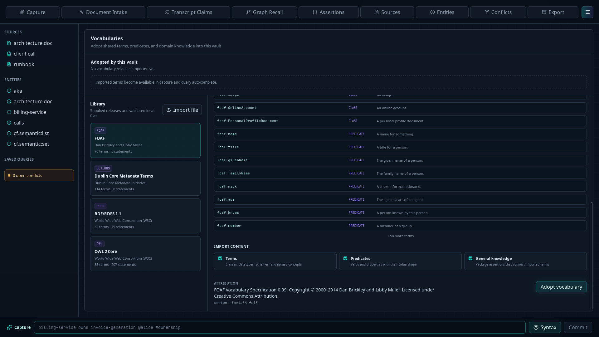 Vocabulary preview showing its contents, import-content choices, attribution, and Adopt vocabulary button