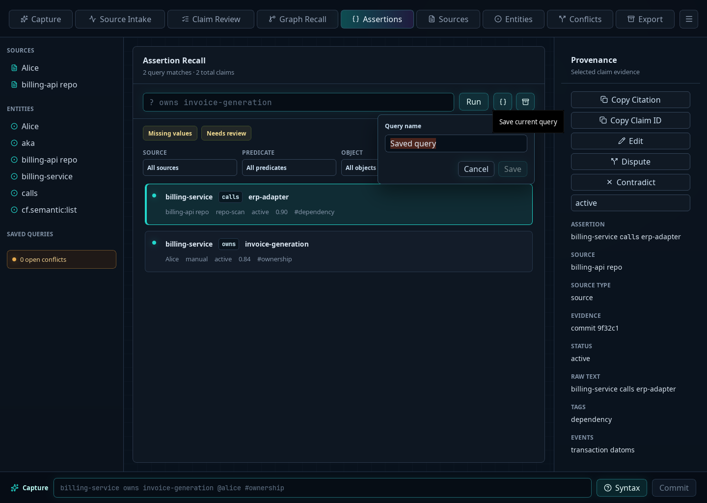 Assertion Recall with the save-query name dialog highlighted